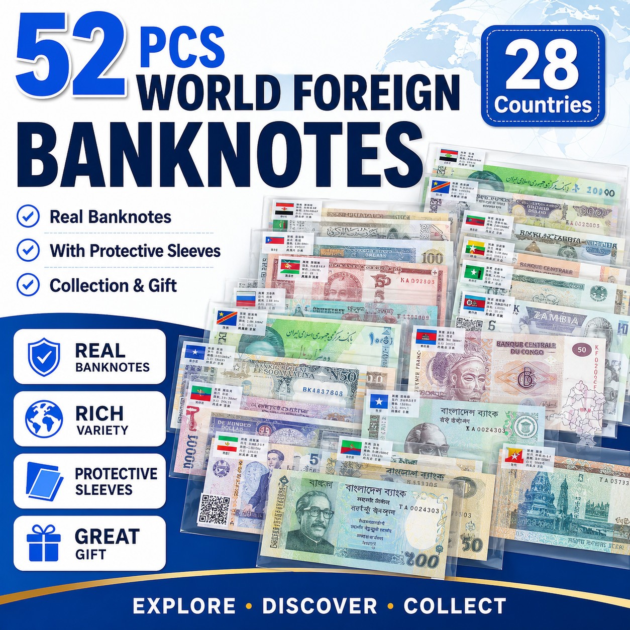 US 52 Pcs Banknotes Lot Different Countries World Paper Money Foreign UNC Gifts