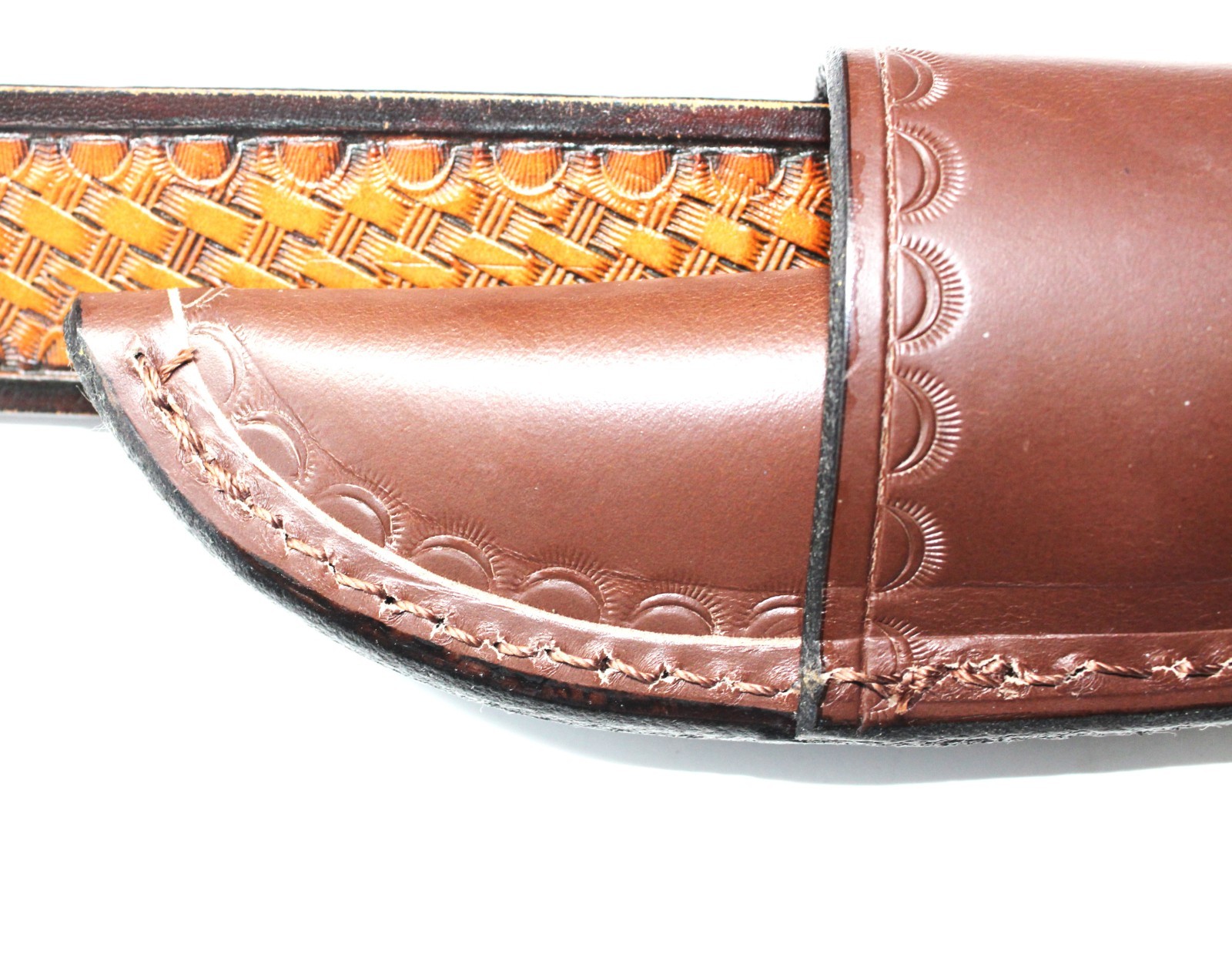 Custom leather knife sheath. That will fit a buck. 113. Knife not included.