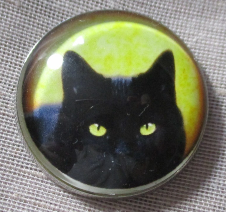 NEW LARGE GLASS DOME PICTURE BUTTON OF A BEAUTIFUL BLACK CAT W YELLOW EYES