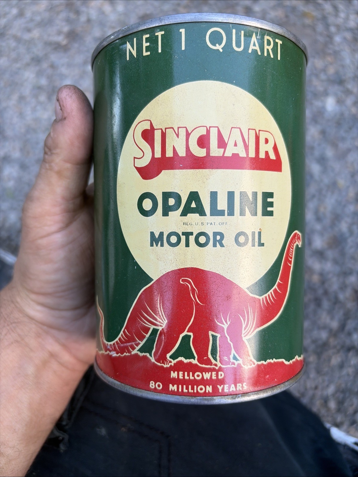 Vintage SINCLAIR OPALINE DINO MOTOR OIL Quart Metal Rare Red Dino Gas Oil