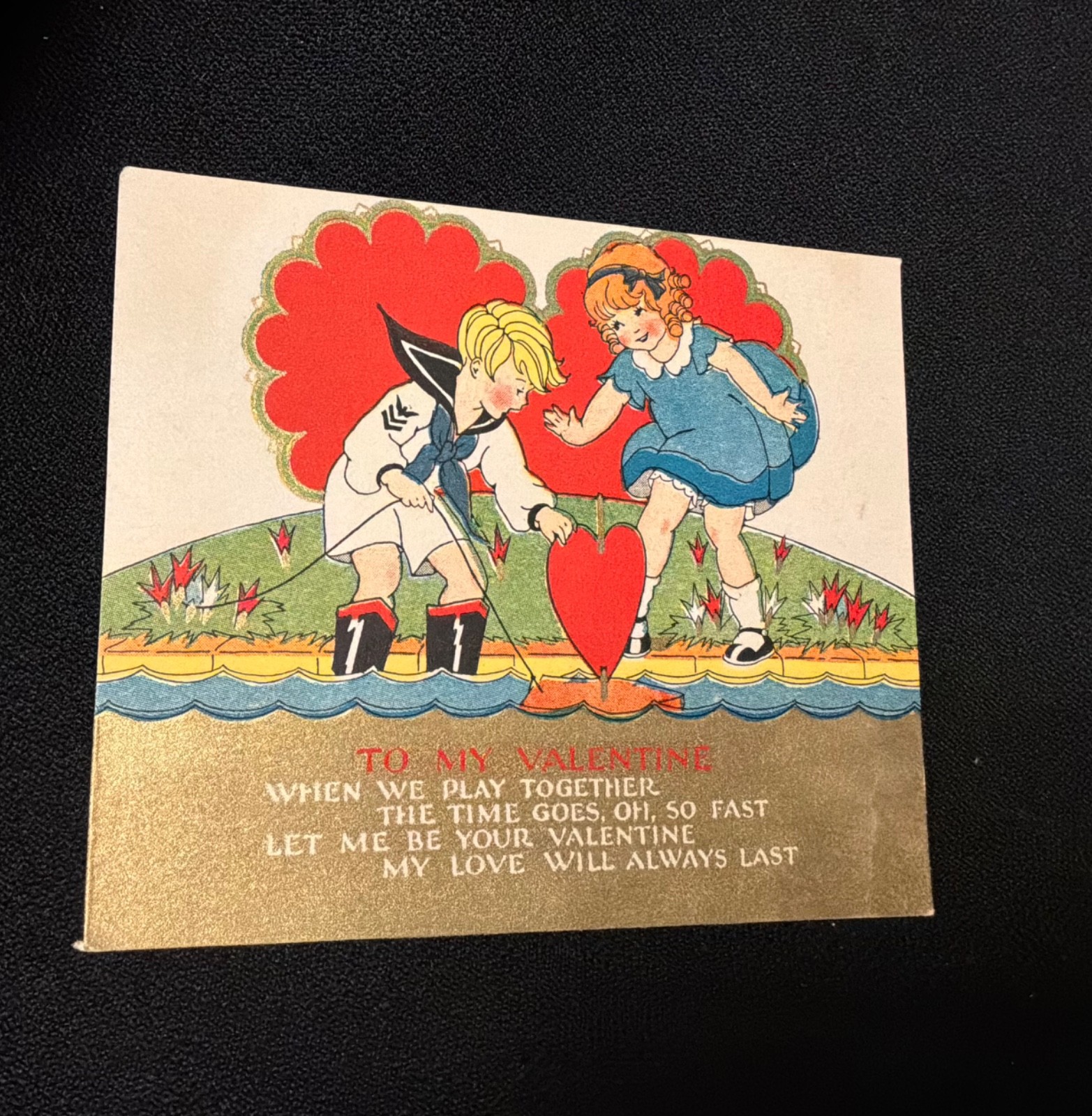 Vintage Art Deco Couple Playing with Pond Boat Valentine Card c. 1920s