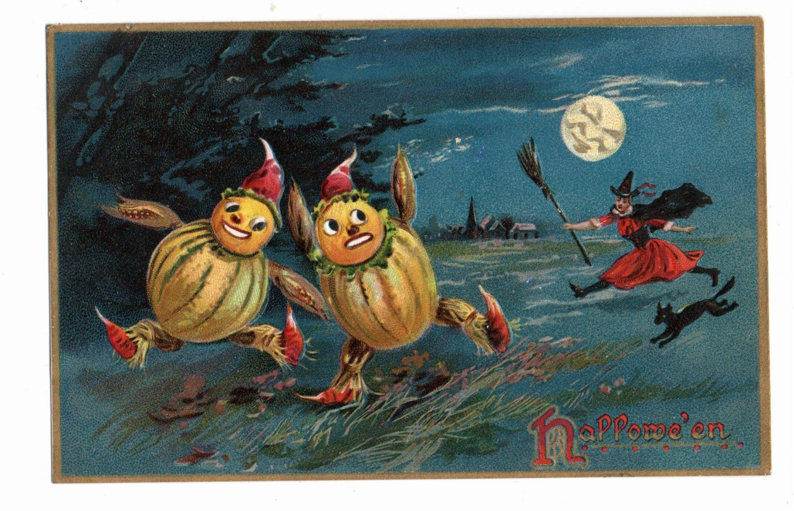 Antique Tuck’s Halloween PC. JOL Pumpkin People, Witch, Full Moon, Unmailed, 710