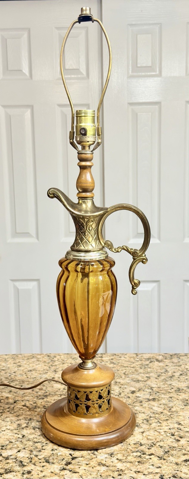Vintage 60’s Amber Glass Ewer Lamp Brass Genie Style 29” Hollywood Regency