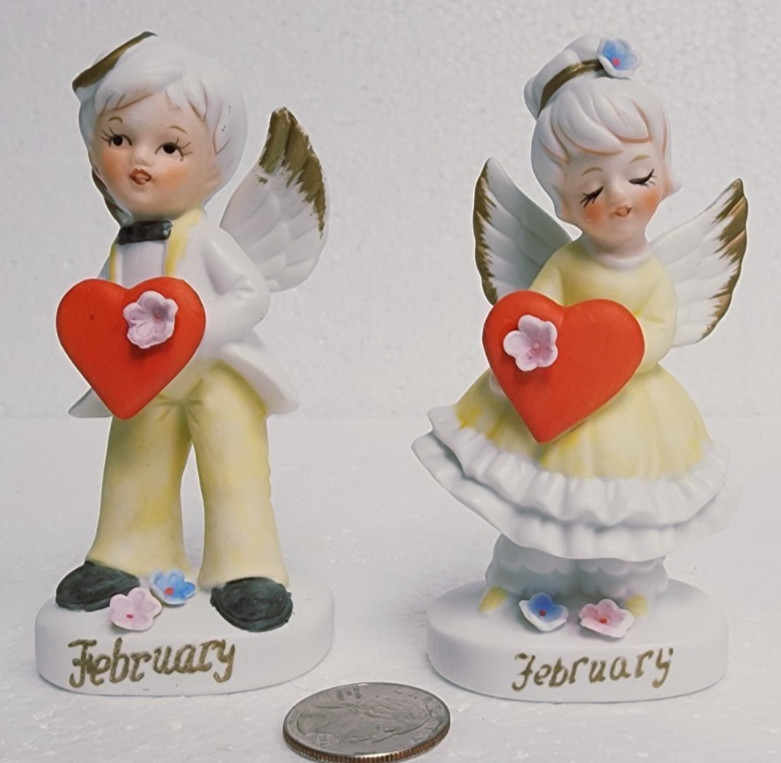 Vintage Brinn’s „February“ Boy & Girl Birthday Angel Figurine Clean Lot Of 2