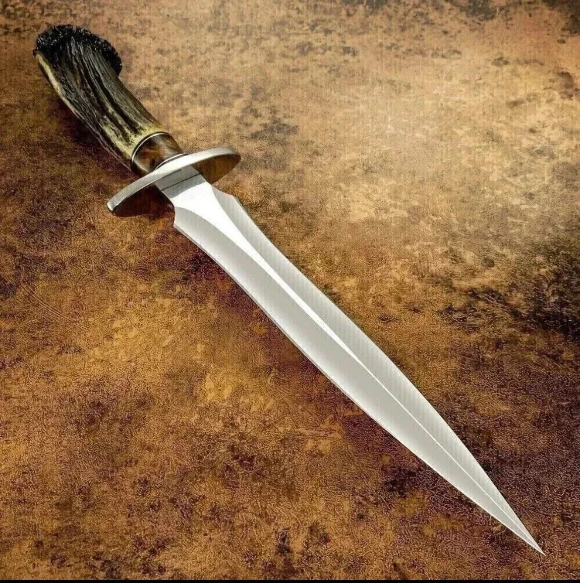 Custom Handmade D2 Steel Stag Antler Handle Hunting Dagger Bowie Knife Camping