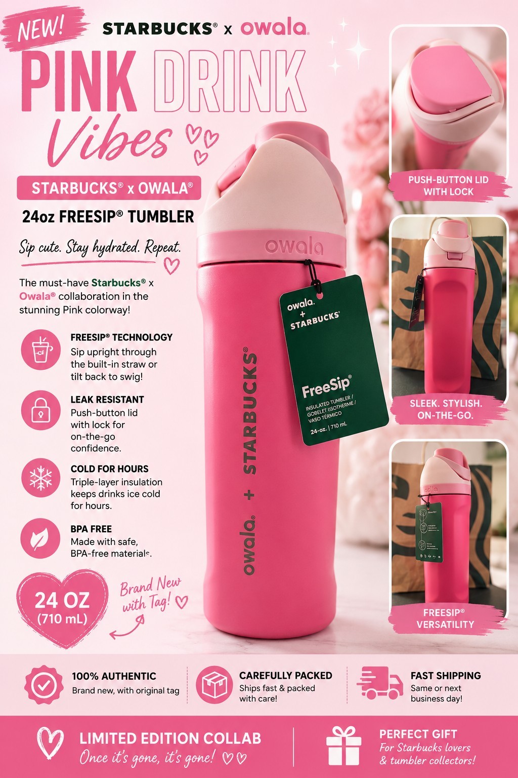 Starbucks x Owala 24oz Pink FreeSip Water Bottle 2026 Limited Edition NEW