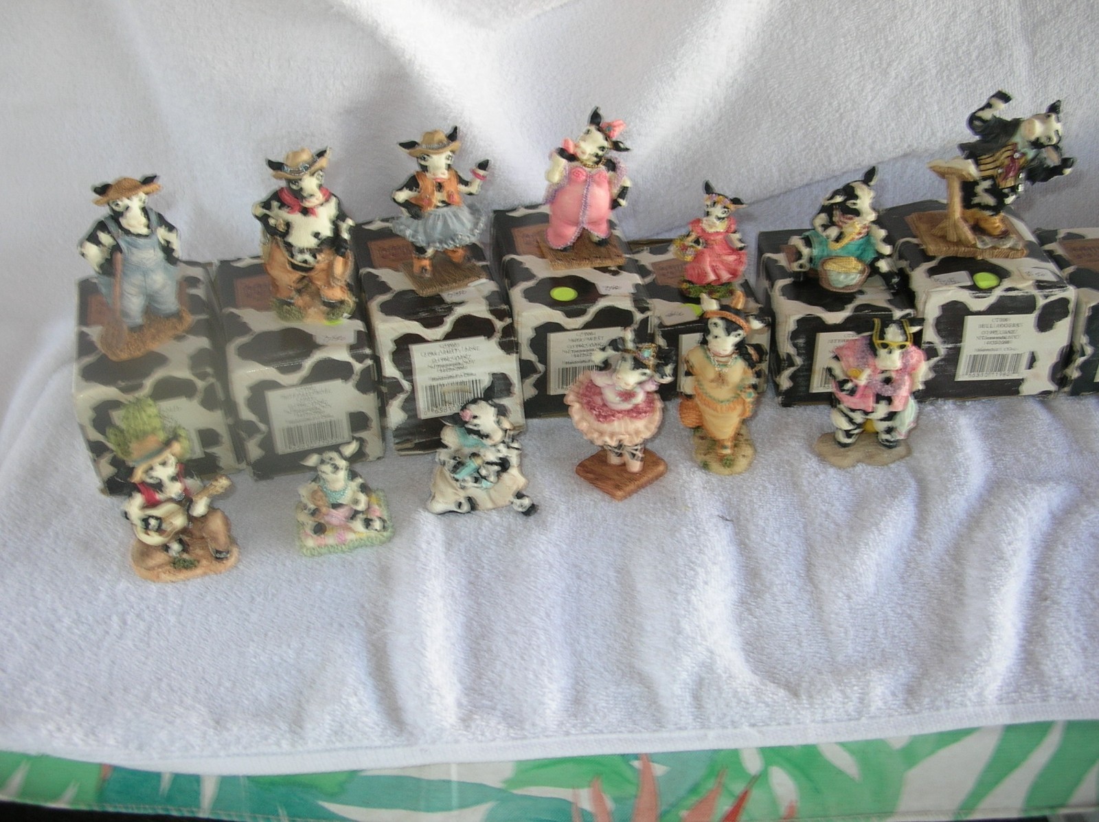 Vintage Cowtown Cow Resin Figures by Ganz, set of 13 All Brand New in boxes.