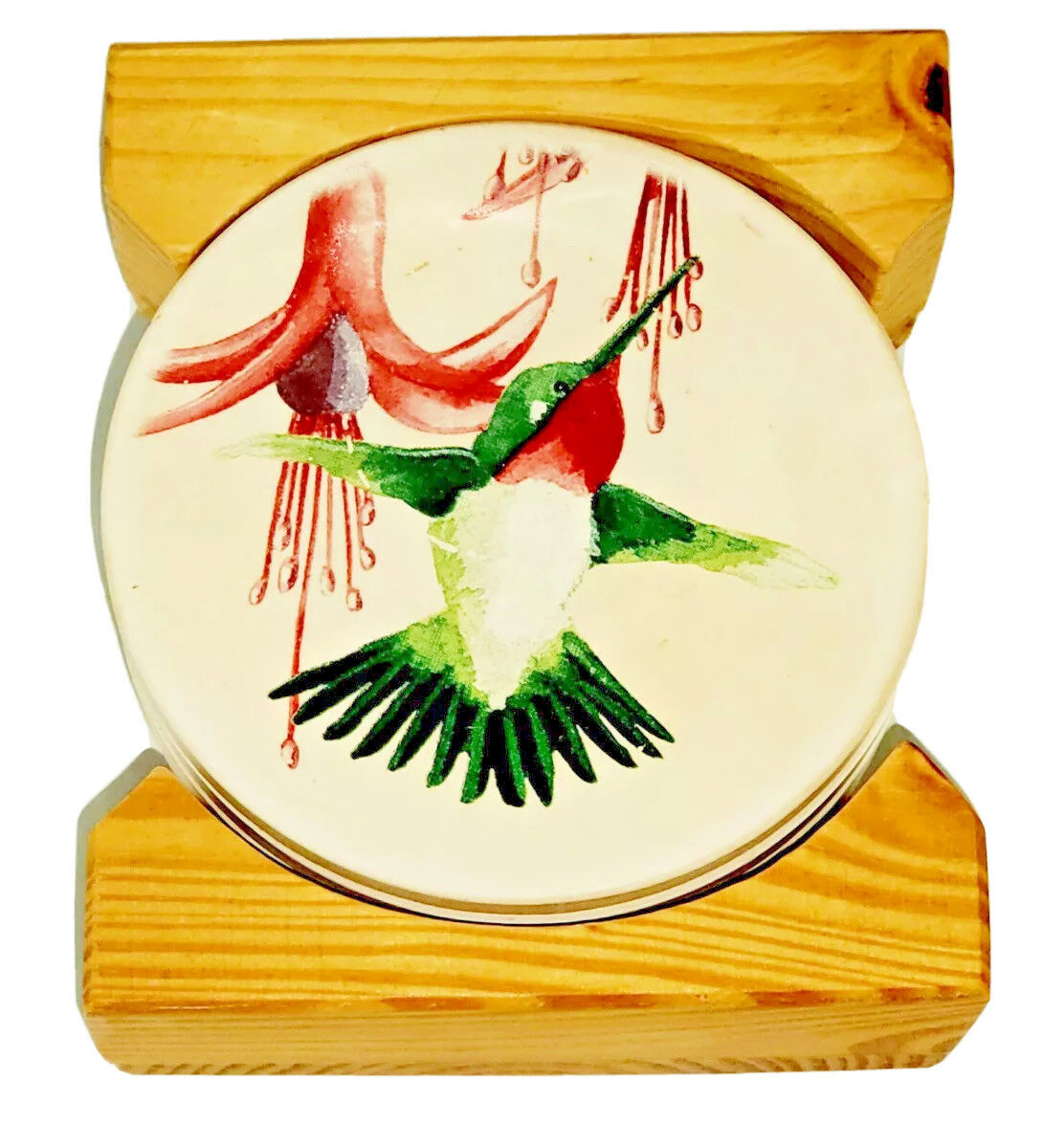 Vintage Hummingbird Coasters 4 with Oak Tray. Absorbastone Natural Sandstone