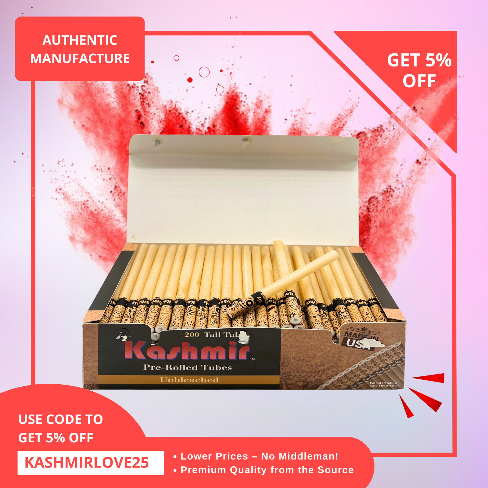 Kashmir Cigarette Filter Tubes 100mm Unbleached Pre Rolled Tall Tubes: 200 Count
