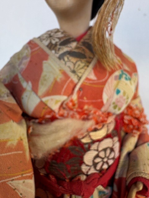 Vintage Japanese Geisha Doll In Traditional Kimono, Hand Made on Wood Base 18″