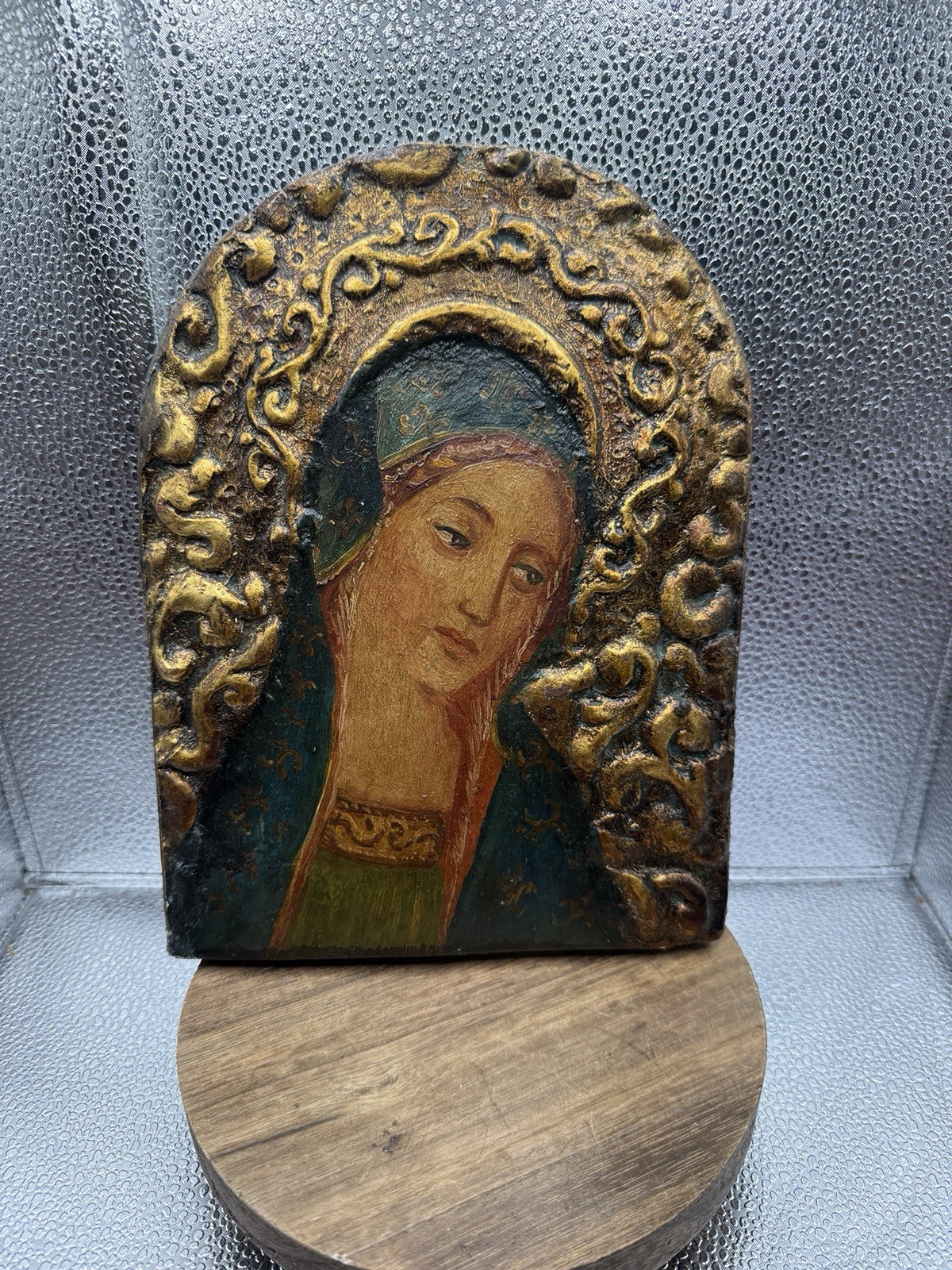Vintage Orthodox Hand Painted Icon of Virgin Mary on Panel 7 3/4in X 10in