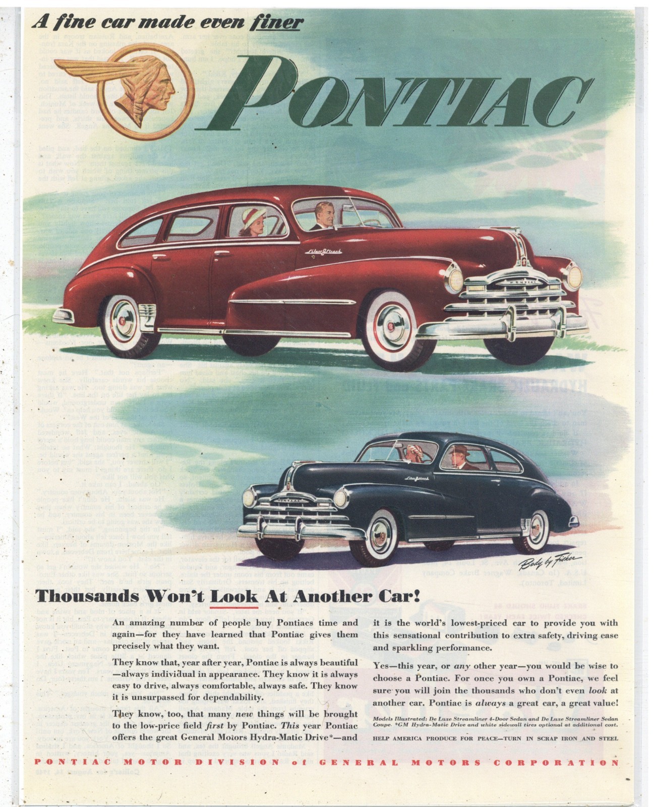 1948 Pontiac Auto Ad: DeLuxe Streamliner 4 Door Sedan & DeLuxe Streamliner Coupe