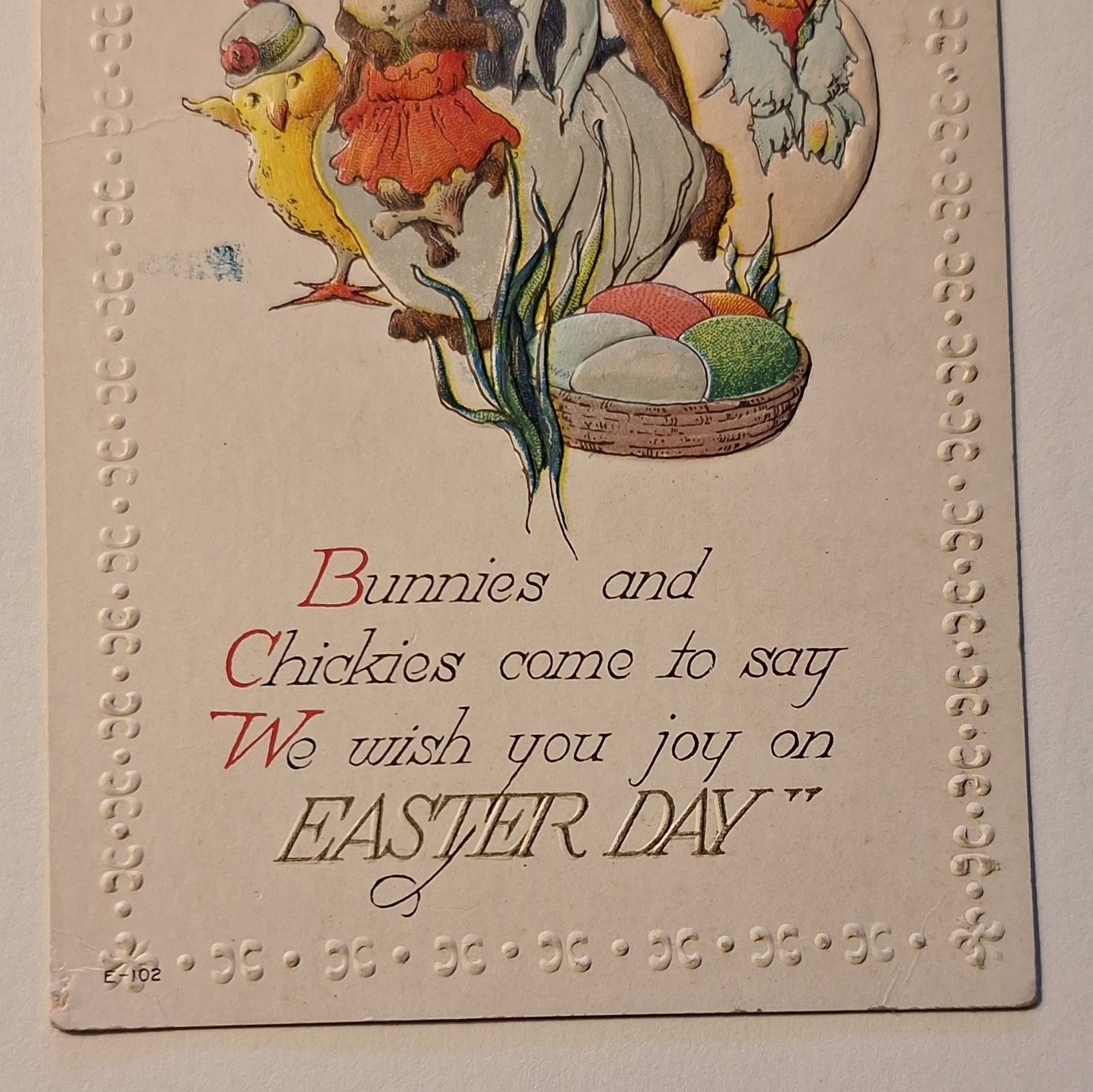 Embossed Easter Postcard Bunnies & Chicks Multicolor Paper E-102