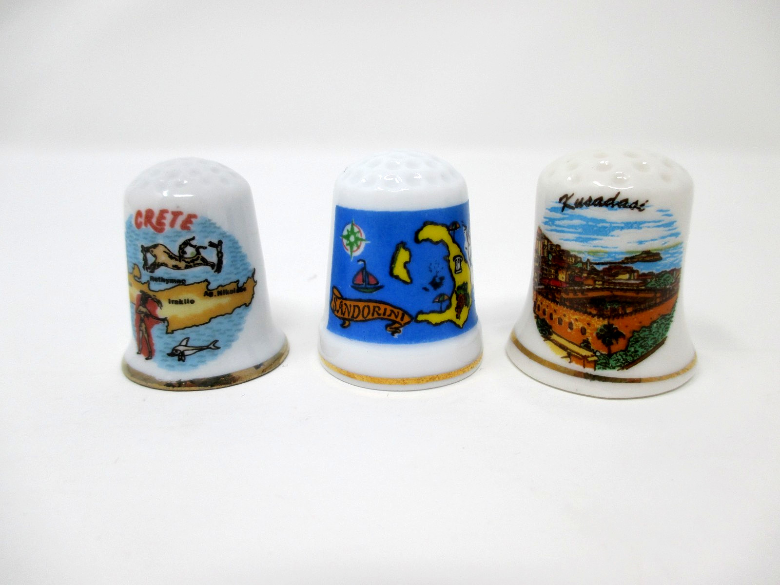 3 Vintage Porcelain Thimbles, Santorini Greece, Crete Greece, Kusadasi Turkey