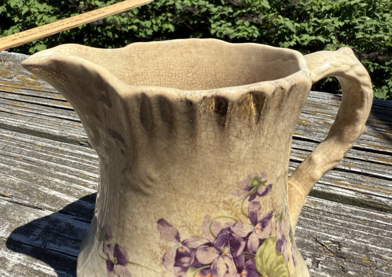 Stained Crazed White Ironstone Small Pitcher Printed Violets Mellor Etruria 5″