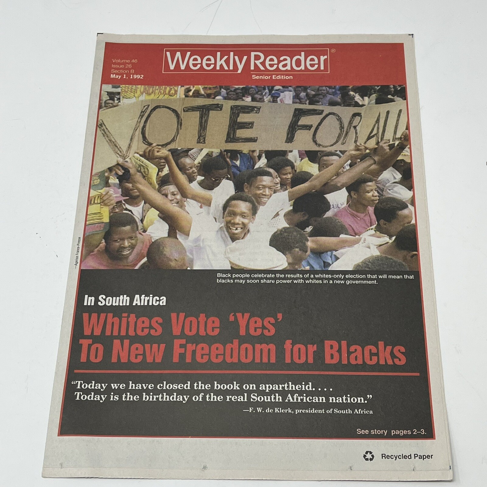 1992 Weekly Reader Magazine Whites Vote Yes New Freedom For Blacks South Africa