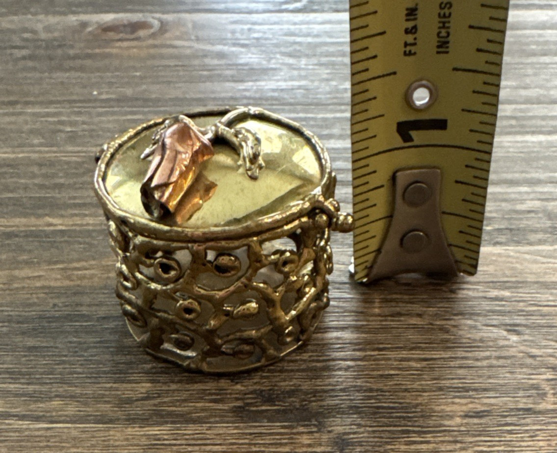 Brass Copper Hand Forged Hinged Round Box Snap Close Small 1.25 Inches 3D Rose