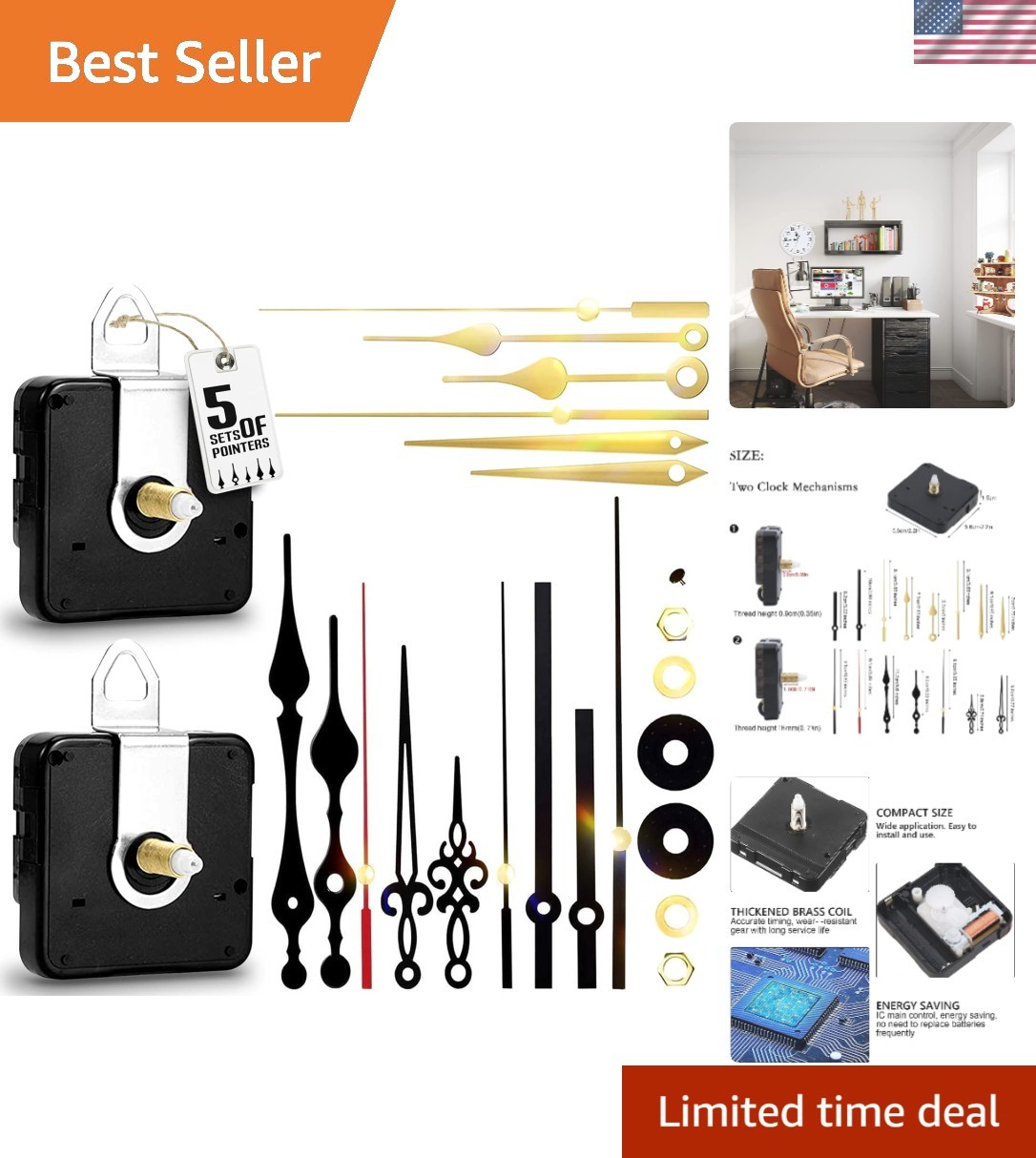 High-Quality Quartz Clock Mechanism Set with 5 Hands – No Batteries Included