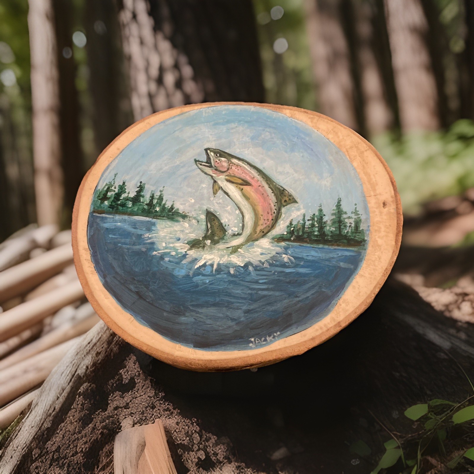 Trout Fish Painting Folk Art Jumping Trout Hand Painted Round Wood 7” X 8” Rare!