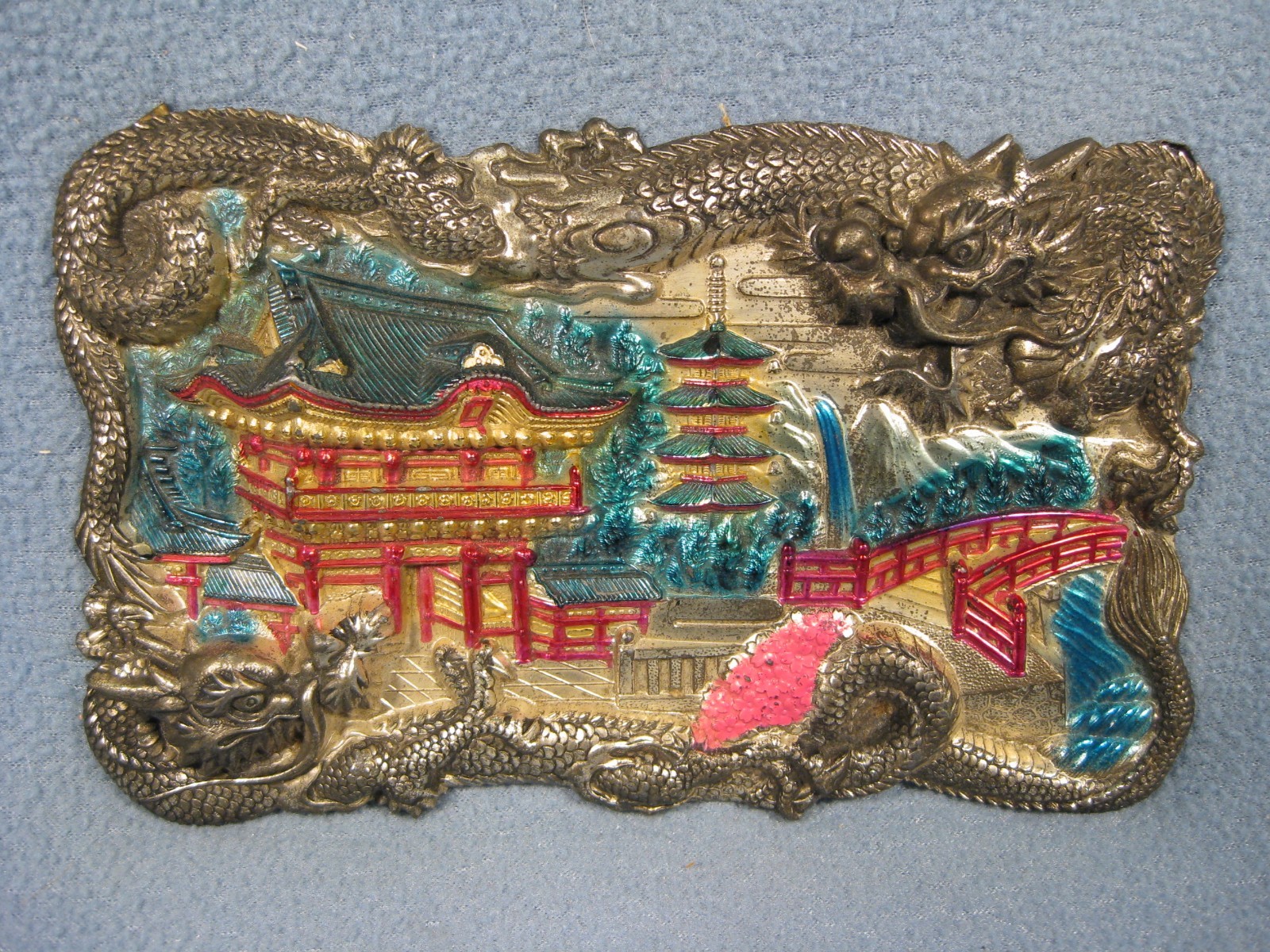 Vintage Chinese Wall Art Jewelry Box Lid with Dragon’s Antique 7″L X 4 1/2″