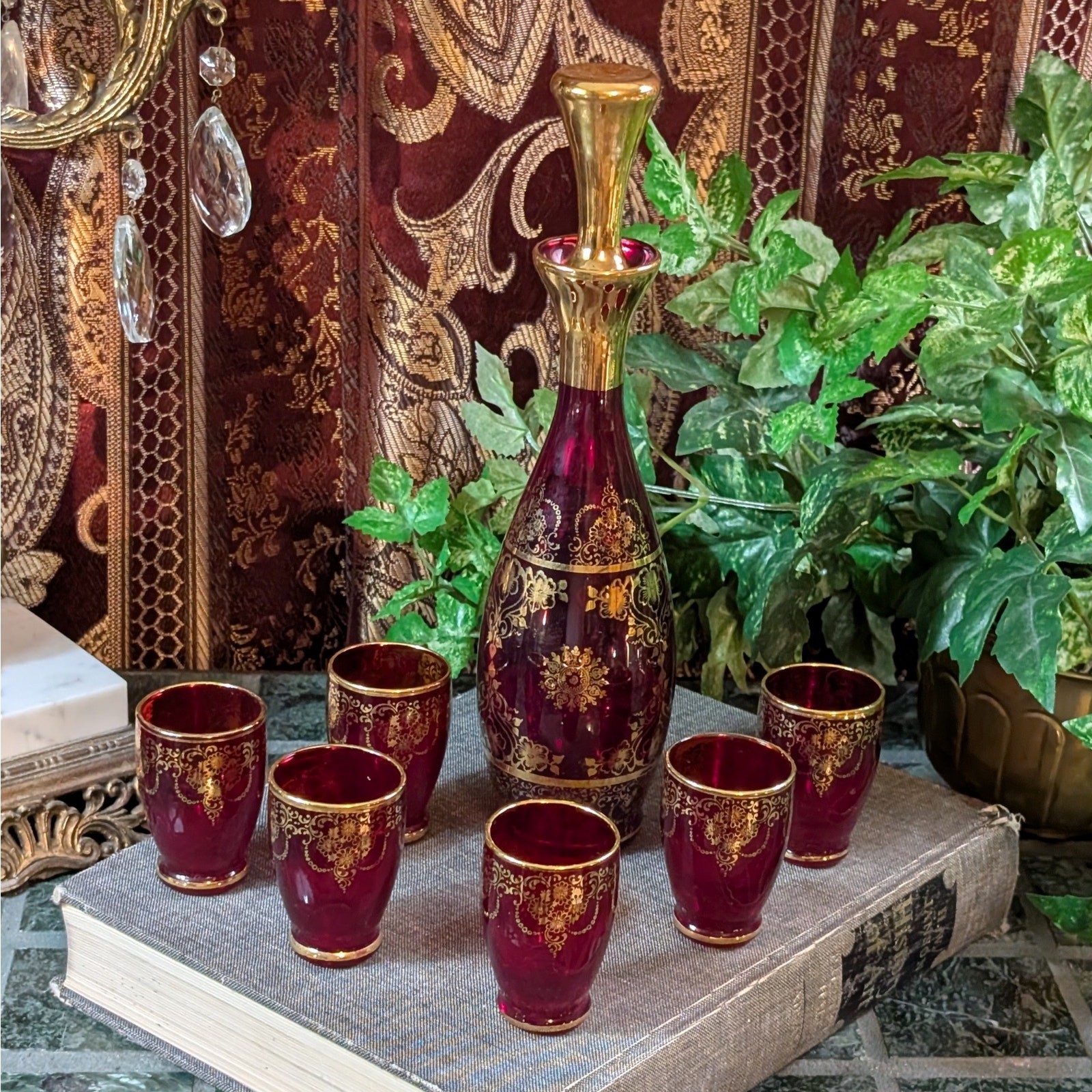 7 Pc Vintage Venetian Ruby Red Glass Decanter Tumbler MCM Bar Set 24K Gold Gilt