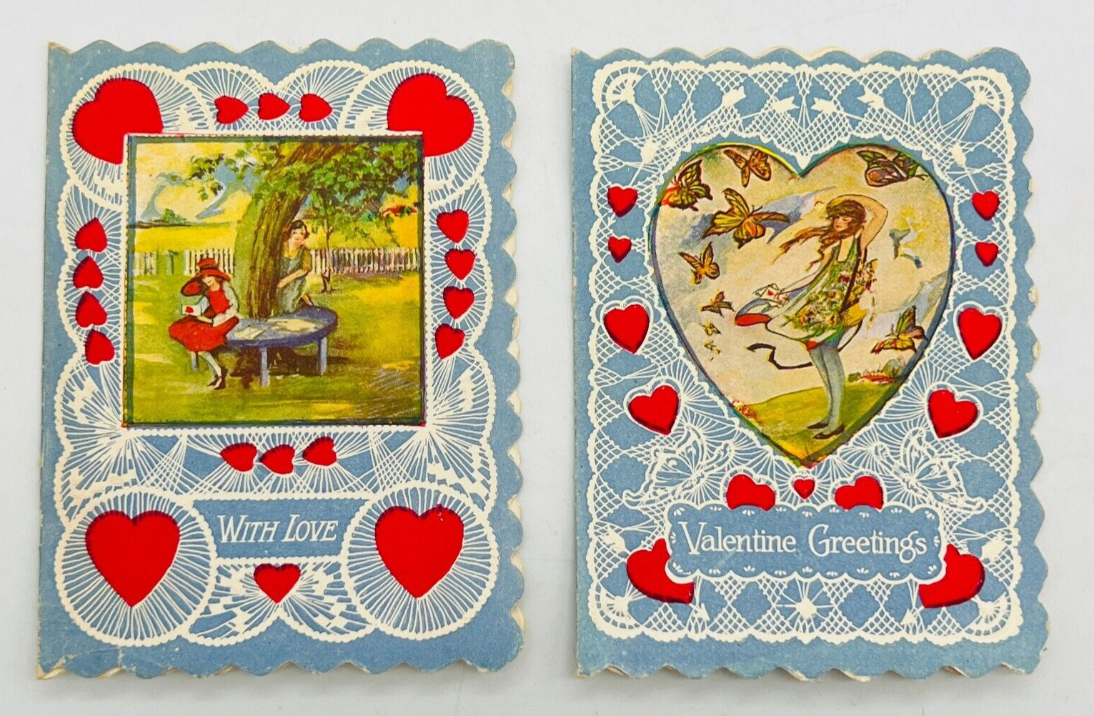 Antique Die Cut Victorian LOT of 2 Art Noveau Valentine Card 3D Folding Heart