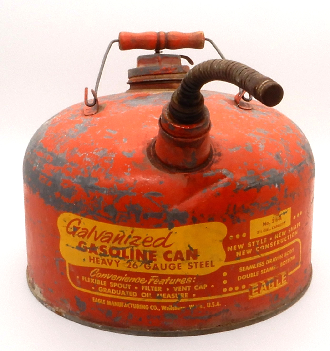 Vintage EAGLE Galvanized 26 Gauge Steel 2.5 Gallon Gas Can w/ Metal Spout