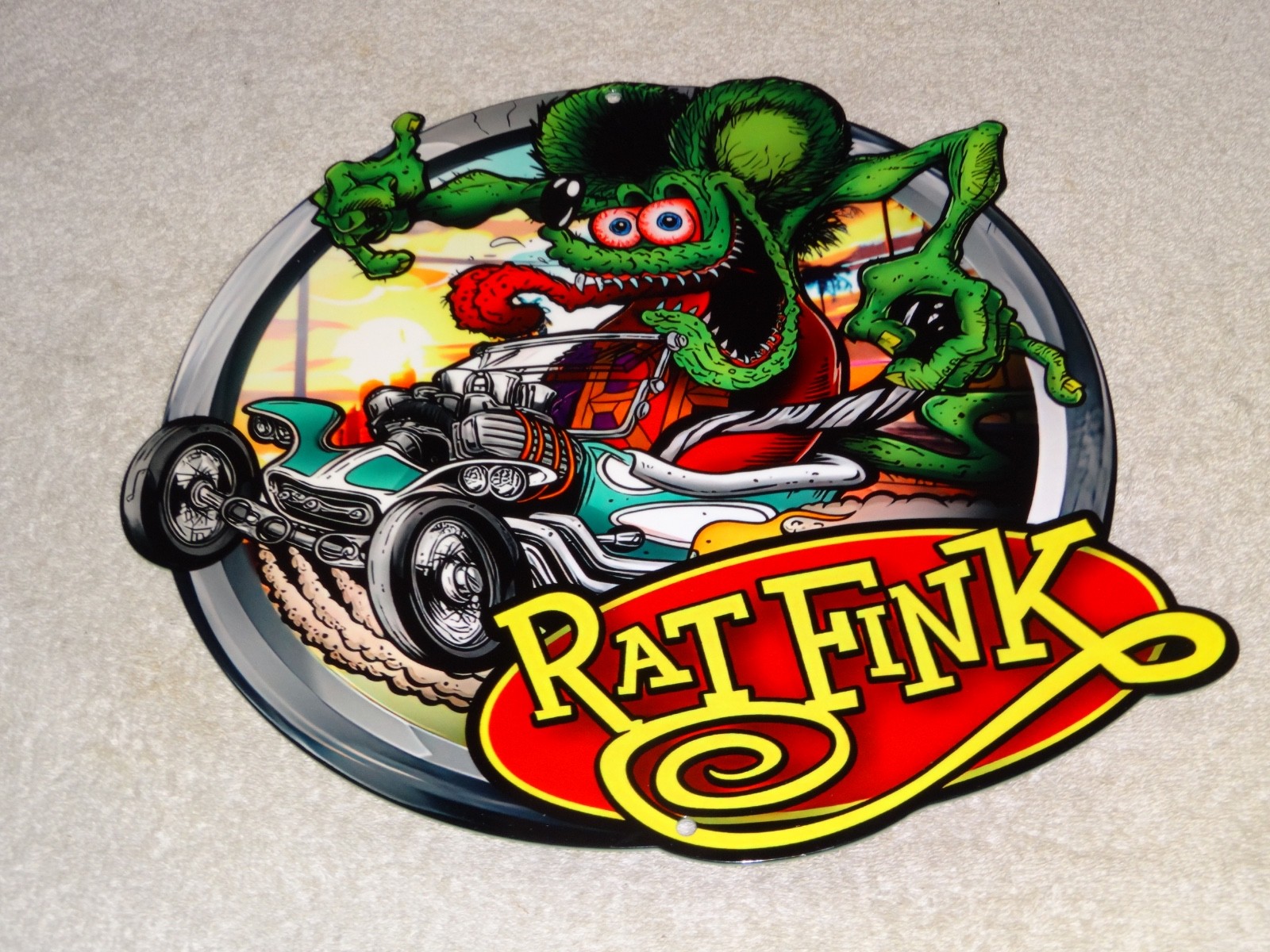 VINTAGE RATFINK DRIVES CUSTOM ROADSTER HOT ROD METAL GASOLINE OIL RAT FINK SIGN!