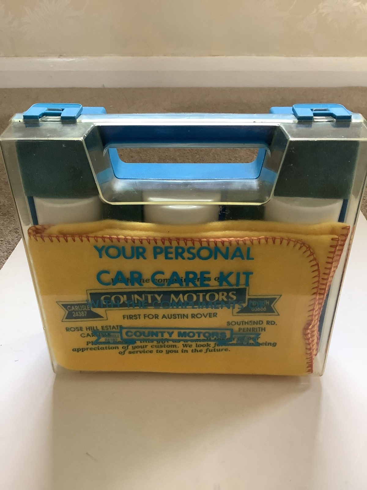 Genuine Vintage Car Cleaning Kit 1970’s, branded County Motors garage, Carlisle