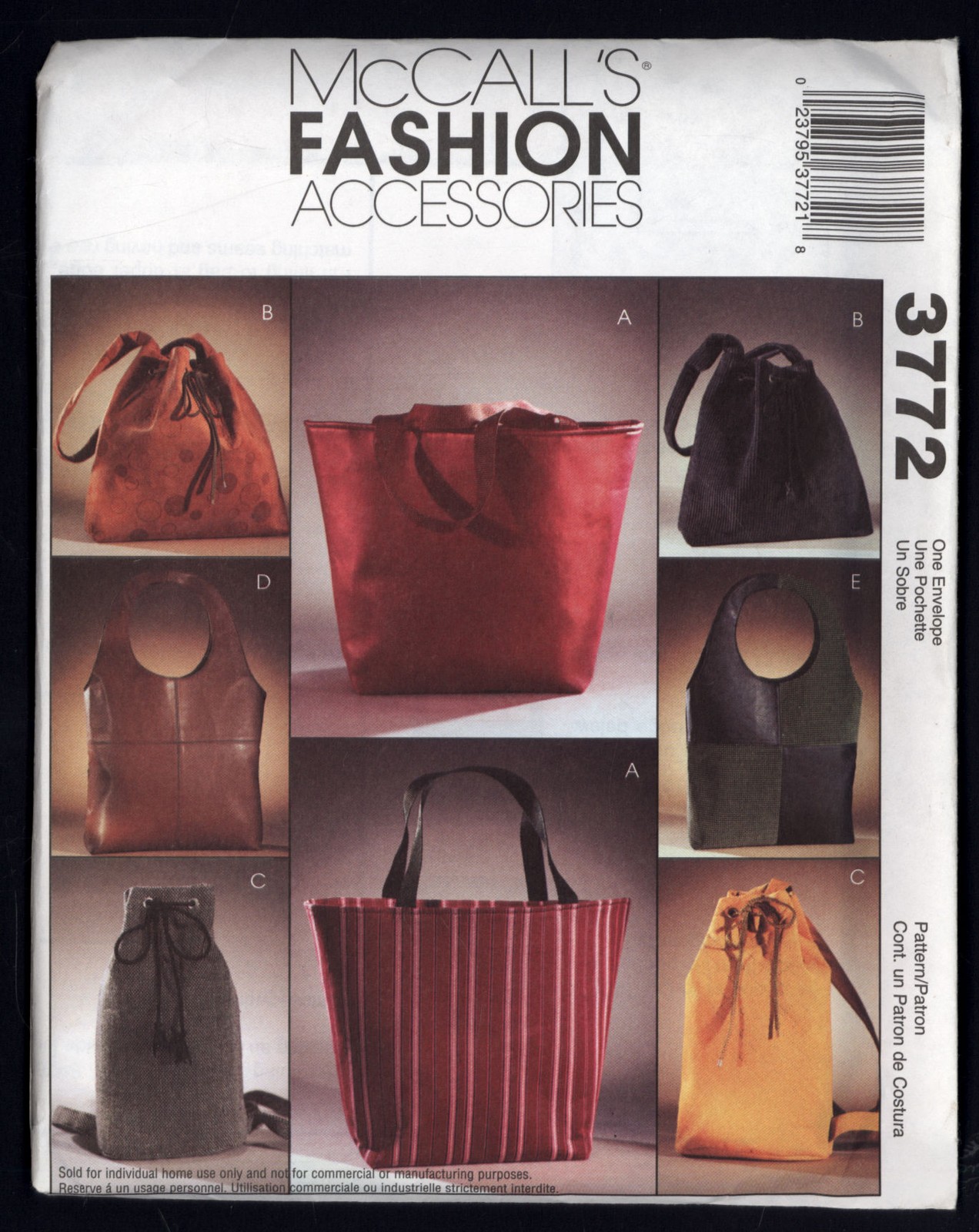 McCall’s Pattern No # 3772 * FASHION ASSESORIES lined Bag 5 Variations