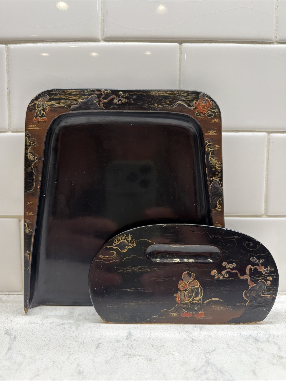 Vintage Antique Chinese Wooden Crumb Pan Tray Wood Scraper Set Black Lacquer