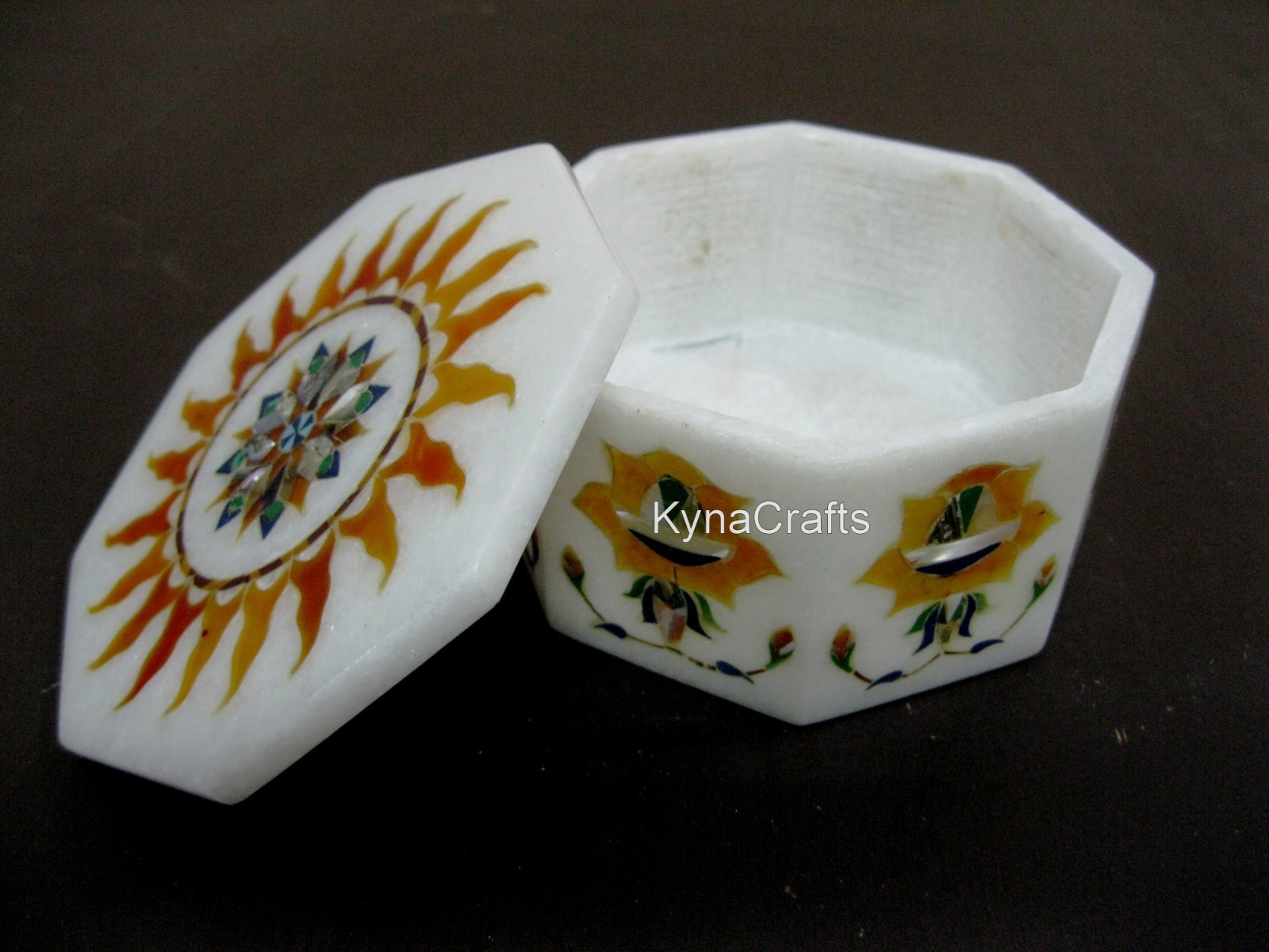 Octagon Marble Box with Unique Art Inlay Work 4 x 4 Inches Gemstone Jewelry Box