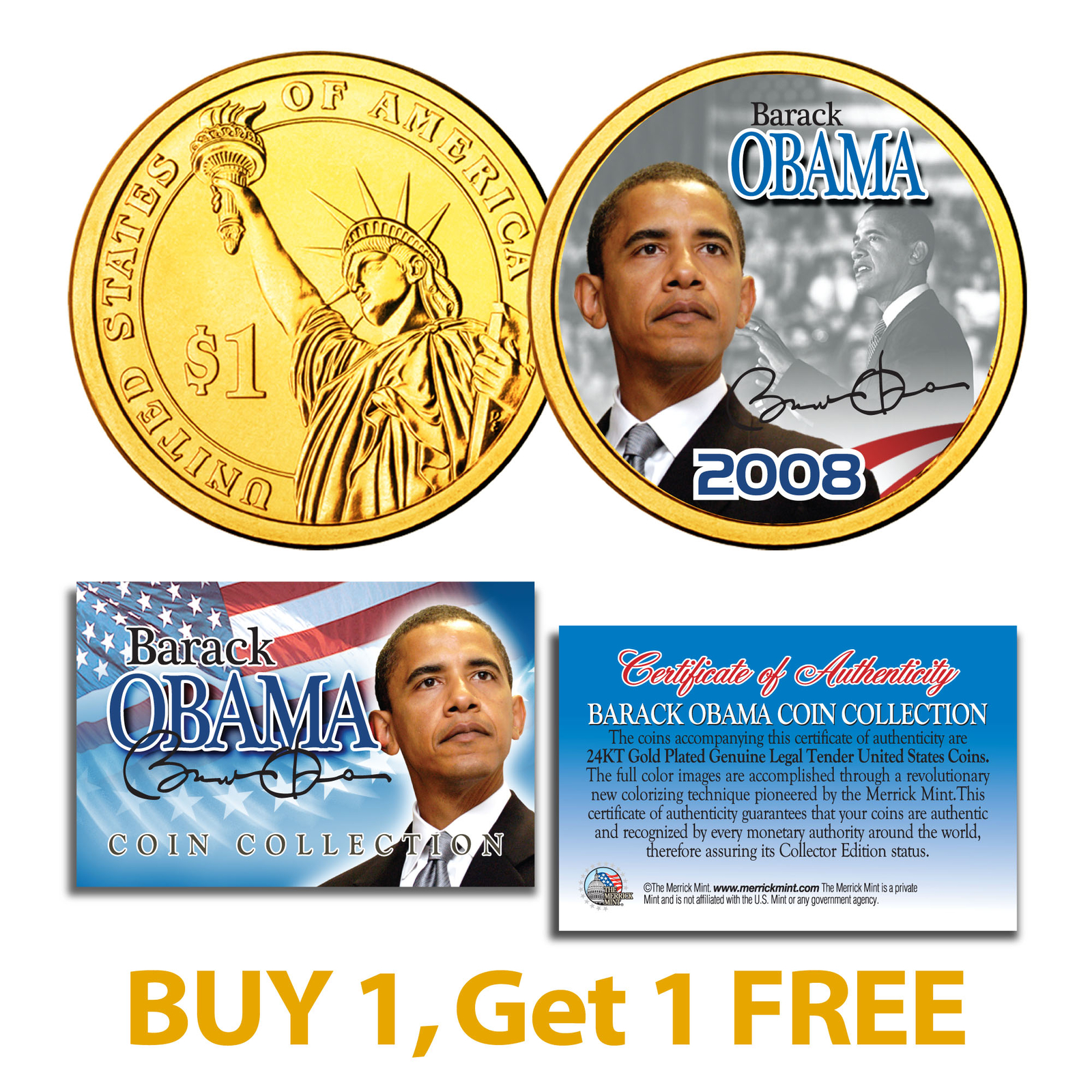 BARACK OBAMA Inauguration Presidential $1 Dollar US Coin 24K Gold Plated – BOGO