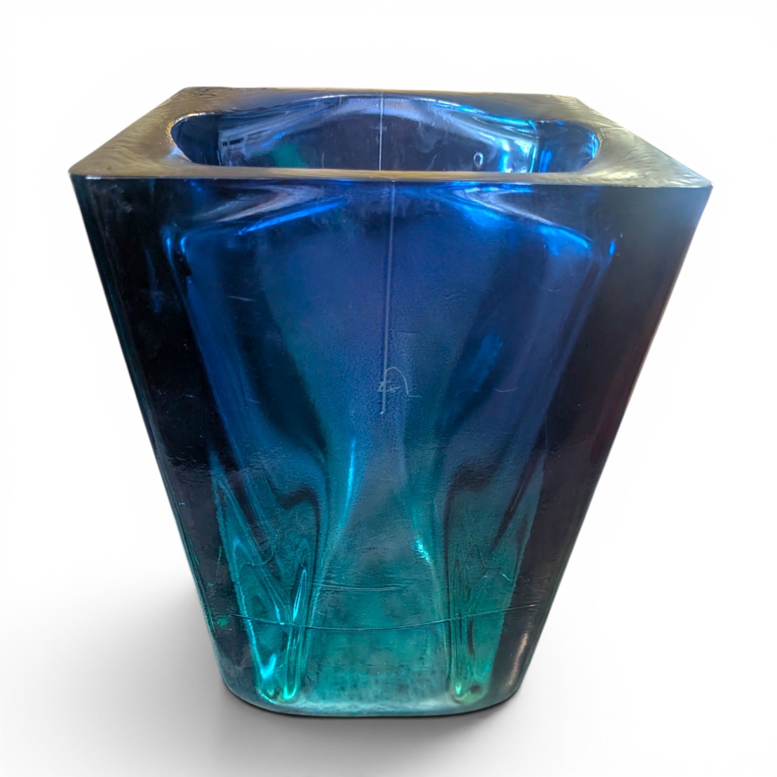 Vtg Heavy Art Glass Block Vase Cobalt Blue to Teal Ombre Square Tapered 8.5″