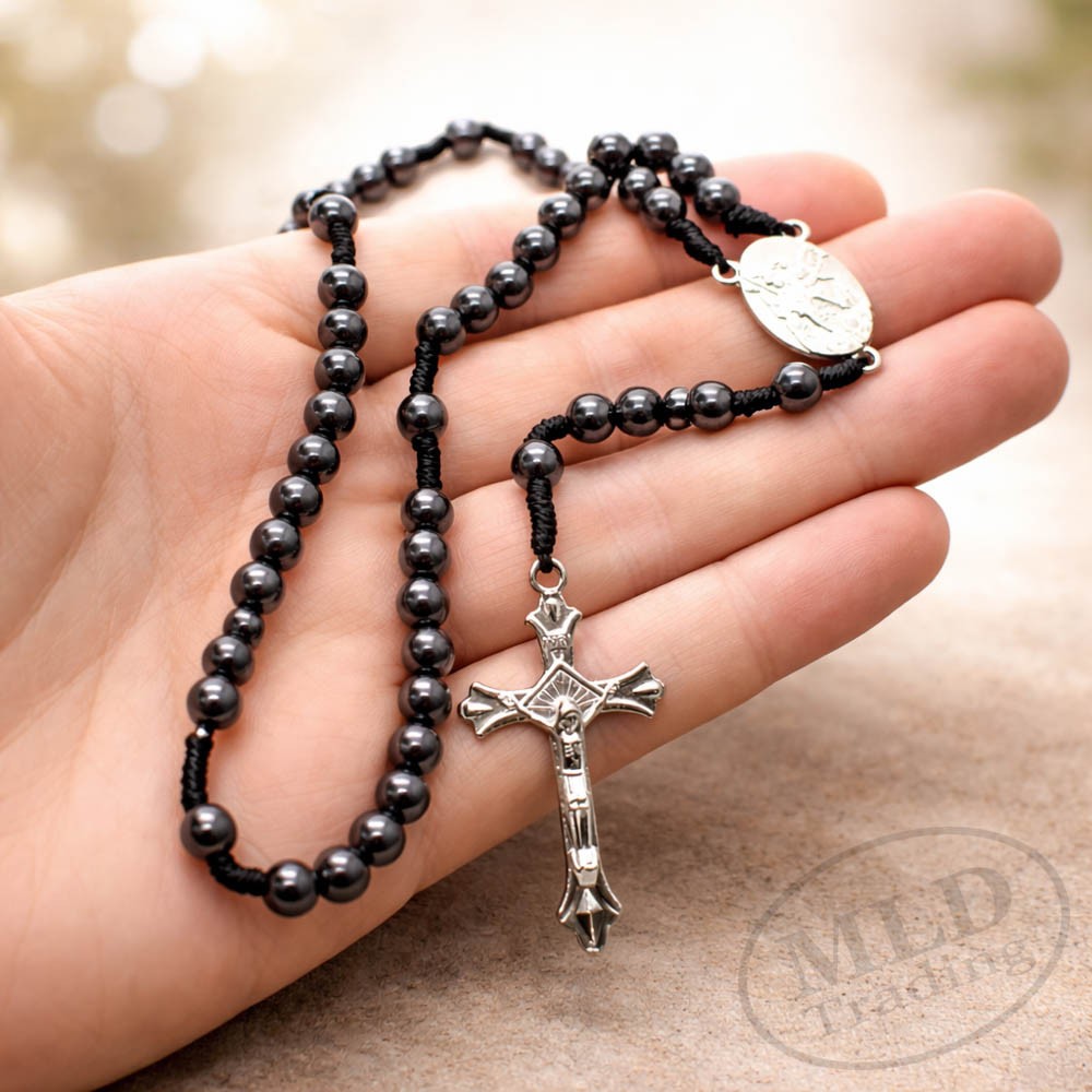 Saint St Michael Medal 12″ Cord Rosary Black Hematite Beads Rosario San Miguel