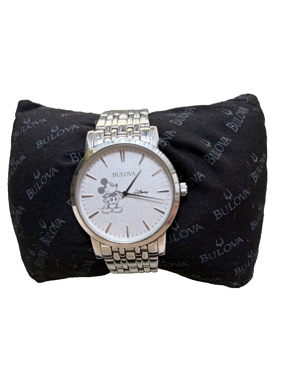 Bulova Disney Mickey Mouse Theme Silver-Tone Metal Bracelet Wristwatch
