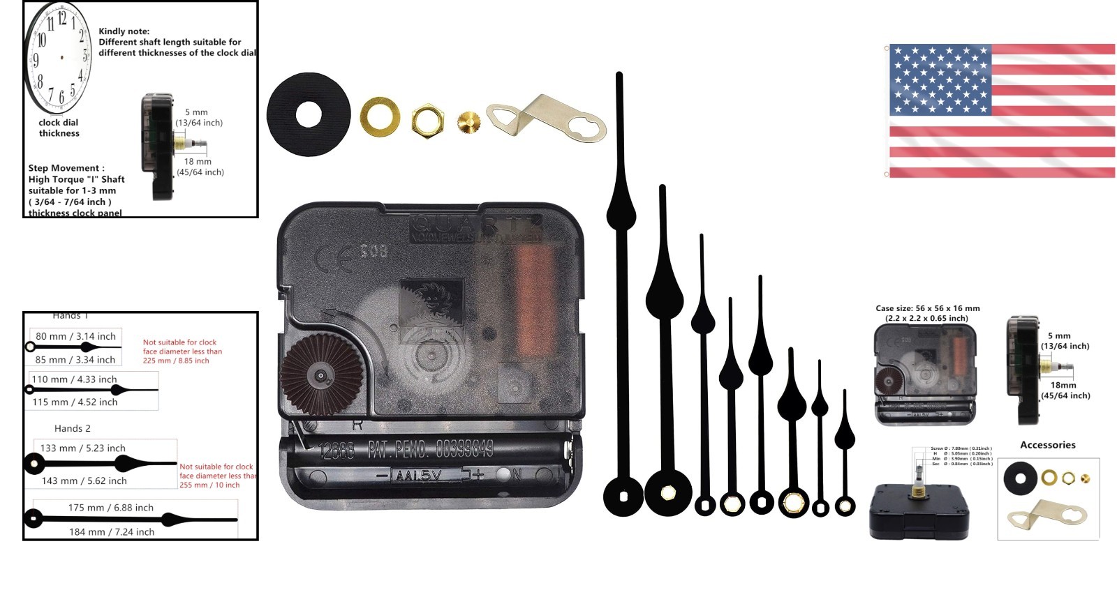 Wall Mount Quartz Clock Movement DIY Kit – Includes Hands and Hook Accessories