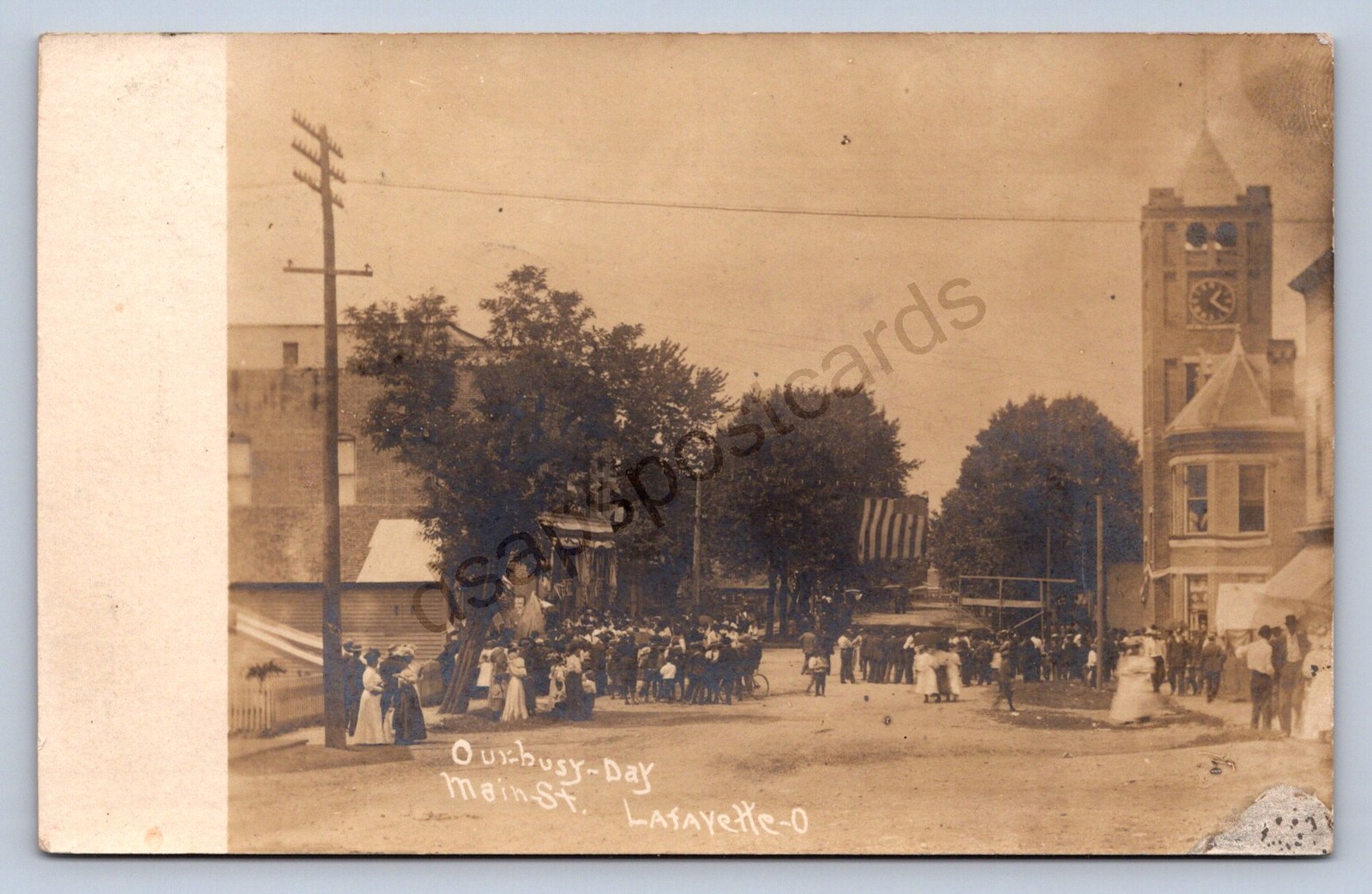 J87/ Lafayette Ohio RPPC Postcard c1910 Main St Church Crowd Stores 1272