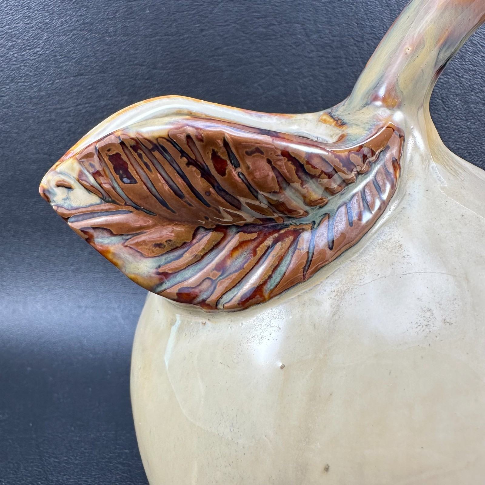 Gourd Pumpkin Pitcher Pottery Leaf Spout Rustic Famhouse Browns Autumn Fall 6.5″