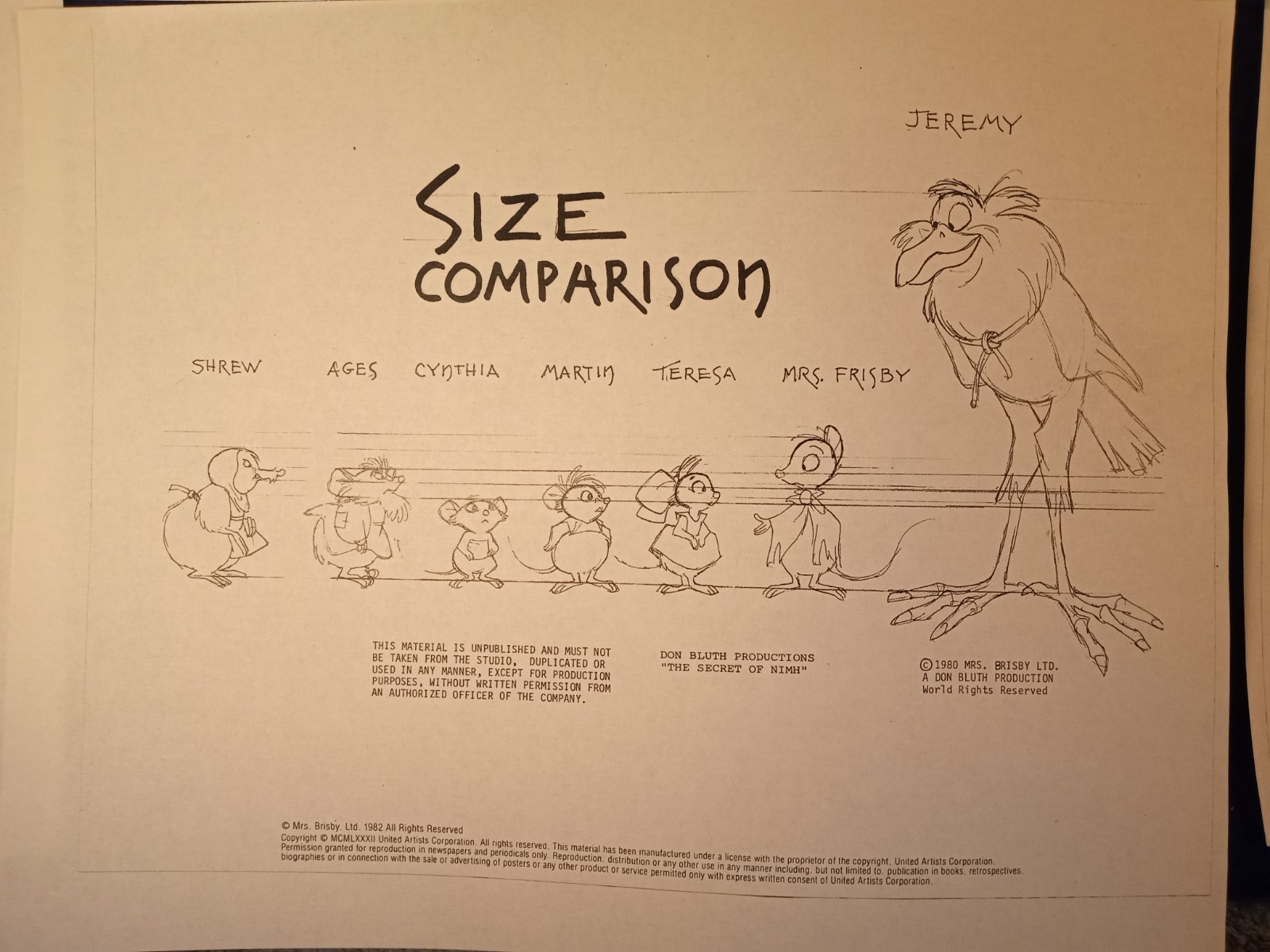 1980 Secret of NIMH Don Bluth Photostat Model Sheets Storyboard Production Lot
