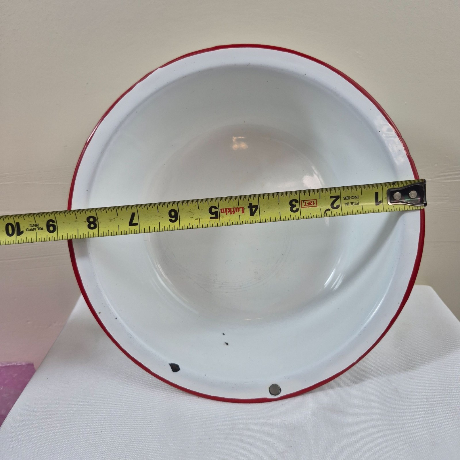 Vintage White Red Rim Enamelware Wash Basin Dish Pan Farmhouse 9.5 in