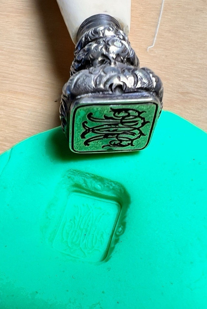 Antique Ivorine Wax Seal Stamp Silver Filigree Decorated Handle