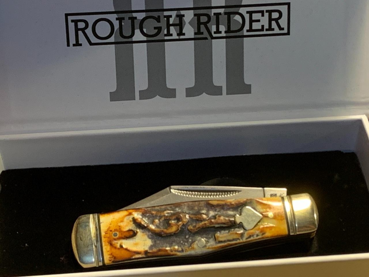 Rough Rider Cinnamon Bone Damascus Coke Bottle 3 5/8″ Pocketknife RR2527