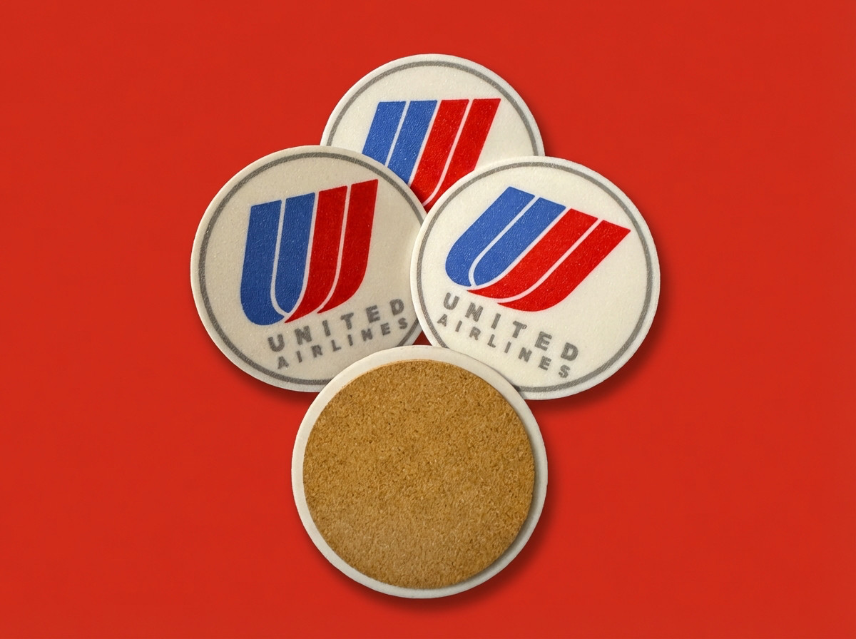 United Airlines Retro Tulip Logo Coasters Set (4) w/ Holder Vintage Decor