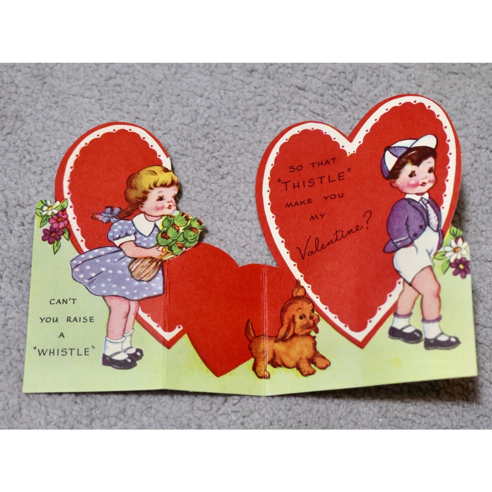 Vintage A-Meri-Card Fold-Open Valentine Kids Thistle Whistle Pun 1950s
