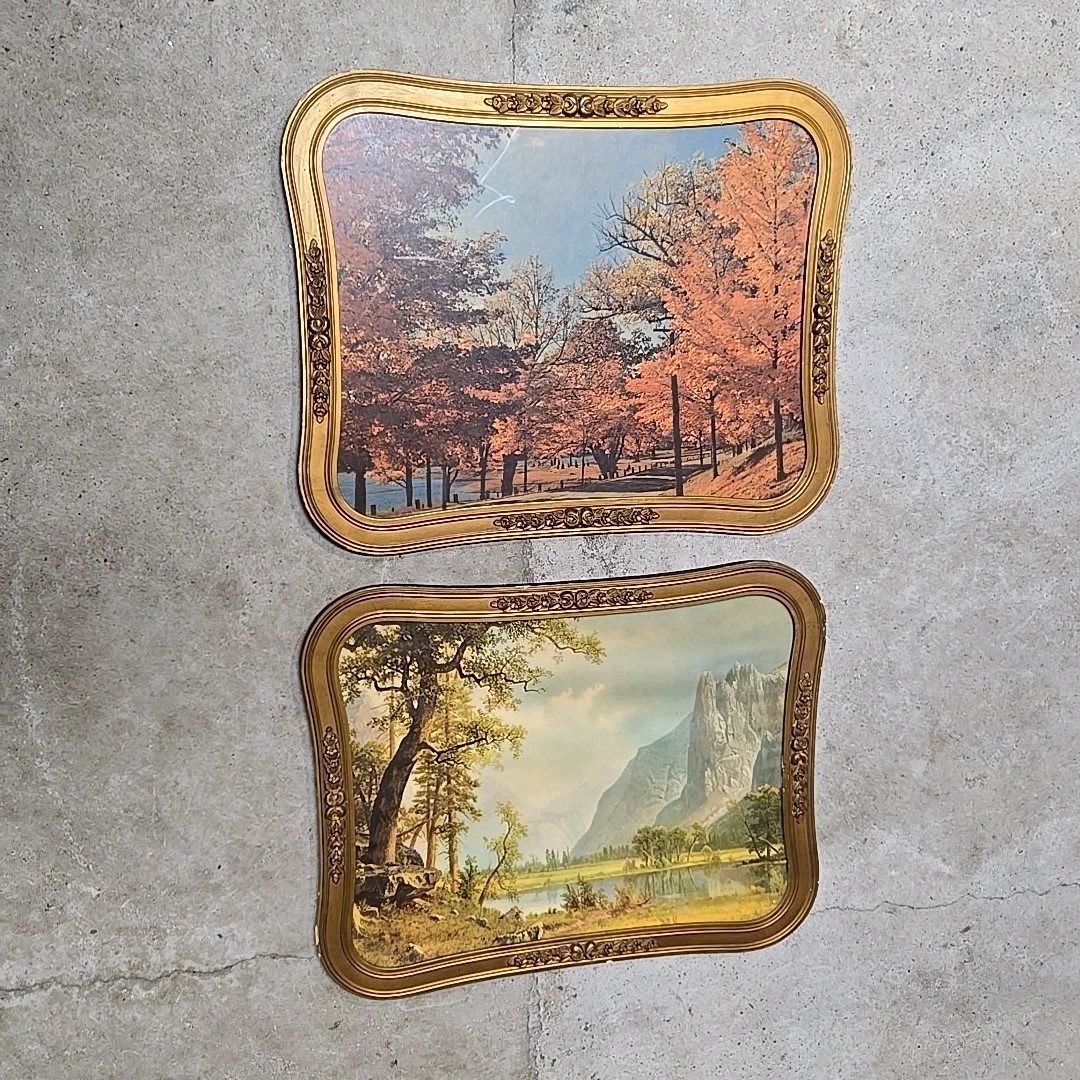 Vtg Large Ornate Gesso Curved Picture Frames w/ Landscape Prints Wire Hangers