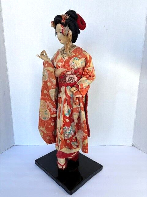 Vintage Japanese Geisha Doll In Traditional Kimono, Hand Made on Wood Base 18″