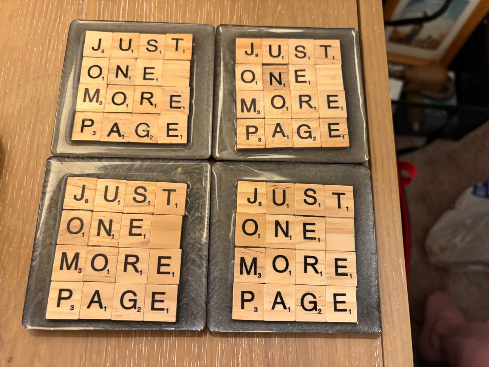 4 Coasters Just One More Page Scrabble Grey