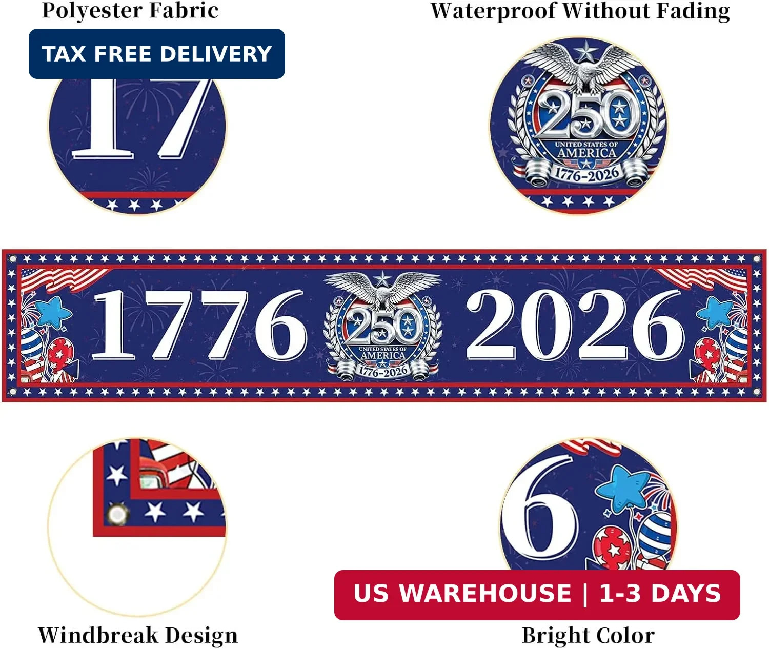 Large Patriotic 250th Anniversary American Flag Banner for Fence 1776-2026