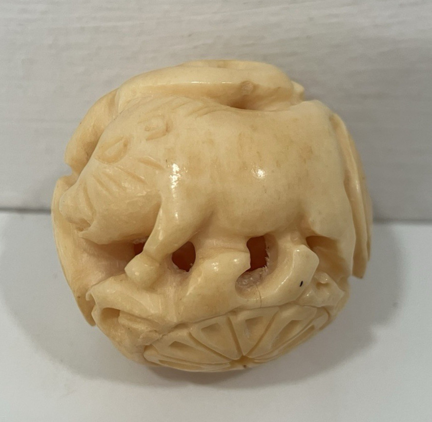 OJIME bead netsuke CHINESE ZODIAC YEAR OF THE PIG 1.25″ round carved resin
